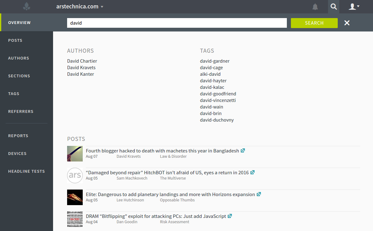 parsely dashboard search