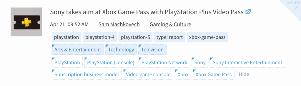 An example of Smart Tags used on an article titled "Sony takes aim at Xbox Game Pass with PlayStation Plus Video Pass." The user-generated tags are PlayStation, playstation-4, playstation-5, type: report, and xbox-game-pass. The Smart Tags include Arts & Entertainment, Technology, Television, and more.