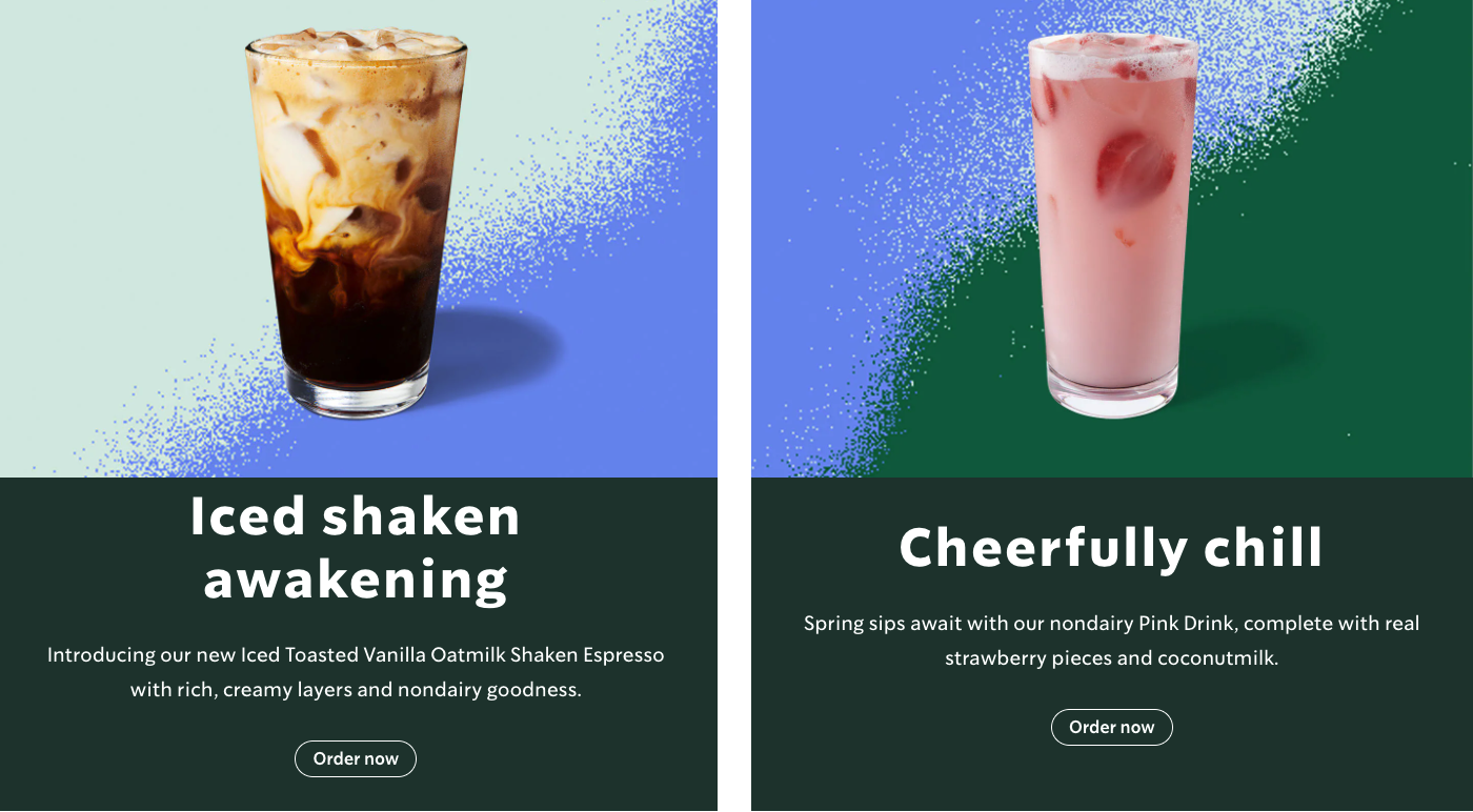 On the left is a picture of an iced shaken espresso. The headline reads "iced shaken awakening." On the right is a picture of the Pink Drink with the header "Cheerfully chill."