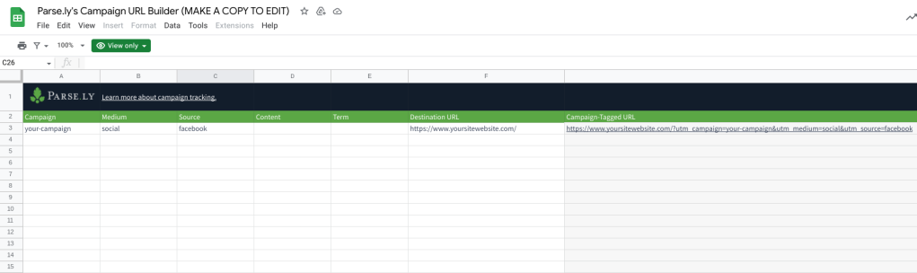 A screenshot of the top portion of the Parse.ly Campaign Builder spreadsheet