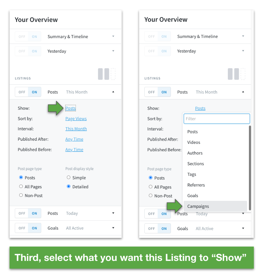 Step 2 in setting up campaigns and goals on Overview in Parse.ly.